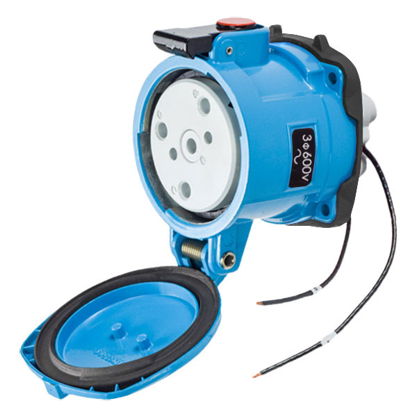37-64183-C-K14-972-375 - DS100C RECEPTACLE METAL BLUE SIZE 4 TYPE 3R 3P+G 100A 600 VAC 60 Hz +2 AUX MUSHROOM PAWL